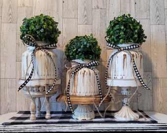 Six Piece Set | Rustic Distressed Riser And Vase | Greenery Topiary Plant | Farmhouse Decor | Kitchen Decor | Tier Tray