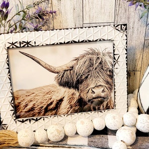 Rustic Highland Cow | Distressed Framed Art | Farmhouse Style Decor | Kitchen Decor | Tier Tray | Dairy Cow