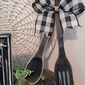 Black Distressed Fork & Spoon | Buffalo Check Decor | Farmhouse Wooden Wall Hanging | Farmhouse Decor | Door Hanger Sign | Country Kitchen