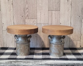 2 Piece Primitive Rustic Wooden Riser Set | Metal Milk Jug | Rustic Country Farmhouse | Tier Tray Decor | French Cottage Style | Decorative