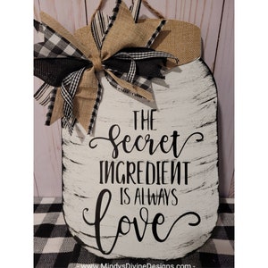 The Secret Ingredient Is Love | Mason Jar Buffalo Check Farmhouse Wooden Wall Hanging | Shabby Ribbon Bow | Home Decor | Door Hanger Sign