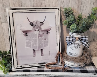 Highland Cow | Black & White Distressed | Tier Tray | Rustic Farmhouse | Farmhouse Bathoom Decor | Easle Back | Wall Hanger