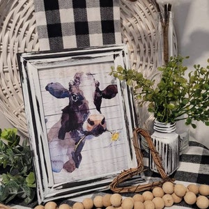 Daisy Cow | Black & White Distressed Frame Tier Tray Decor | Rustic Farmhouse Decor | Farmhouse Kitchen Decor | Wall Hanger