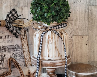 10&quot; Total 2-Piece Set | Rustic Distressed Riser And Vase | Greenery Topiary Plant | Farmhouse Decor | Kitchen Decor | Tier Tray