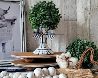 Faux Topiary Plant: Farmhouse Tier Tray Decor, Buffalo Check Bow, Distressed Pedestal