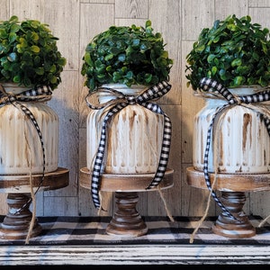 Six Piece Set | Rustic Distressed Riser And Vase | Greenery Topiary Plant | Farmhouse Decor | Kitchen Decor | Tier Tray