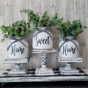 Three Home Sweet Home Vases | Faux Greenery Plant | Farmhouse Decor | Kitchen Decor | Tier Tray | Buffalo Check Ribbon Bow