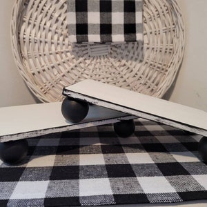 2 Black & White Rectangle Wooden Risers | Farmhouse Style Decor | Kitchen Decor | Rae Dunn Display | Buffalo Check Tier Tray