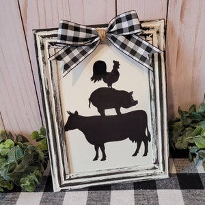 Farmhouse Kitchen Sign | Black & White Distressed | Tier Tray | Rustic Farmhouse | Farmhouse Decor | Wall Hanger | Pig Cow Rooster | Plaid