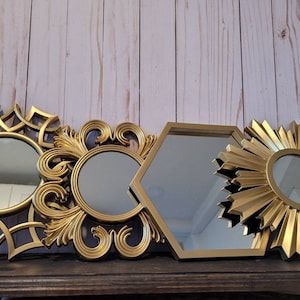 4 Gold Decorative Floral Mirrors | Bathroom Decor | Wall Hanging | Bling Decor | Vanity Bedroom Hallway Mirror Set