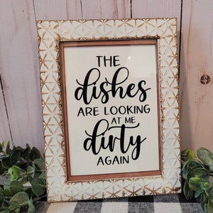 The Dishes Are Looking At Me Dirty Again Distressed Framed Art | Farmhouse Decor | Tier Tray | Rustic Buffalo Plaid Kitchen