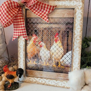 Rooster Sign | Rustic Farmhouse Decor | Distressed Frame | Rustic Farmhouse Kitchen Chicken Decor | Red Buffalo Check