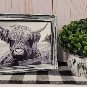 Highland Cow Sign | Farmhouse Decor | Distressed Frame | Rustic Farmhouse Decor | Easle Back | Hooks | Black & White