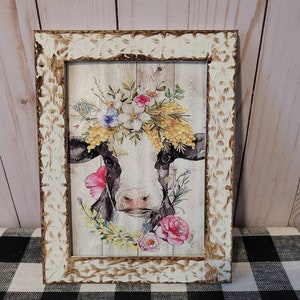 Rustic Floral Cow | Distressed Framed Art | Farmhouse Style Decor | Kitchen Decor | Tier Tray | Dairy Cow