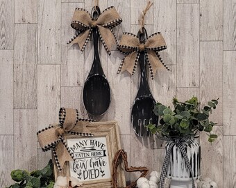 Black Distressed Fork & Spoon | Buffalo Check Decor | Farmhouse Wooden Wall Hanging | Farmhouse Decor | Door Hanger Sign | Country Kitchen