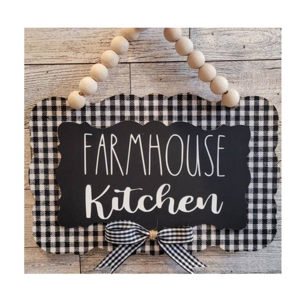 Farmhouse Kitchen Wall Hanger | Buffalo Check | Plaid Ribbon Bow | Home Decor | Door Hanger Sign | Country Kitchen | Wood Bead Detail