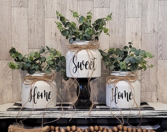 Four Piece Set | Home Sweet Home Vases + Black Pedestal | Greenery Plant | Farmhouse Decor | Kitchen Decor | Country Kitchen