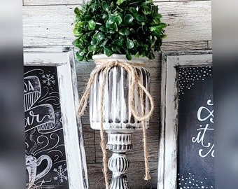 Black & White Distressed Jar Glass Vase | Faux Greenery Topiary Plant | Farmhouse Decor | Kitchen Decor | Tier Tray