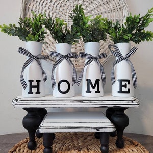 Four 6" H-O-M-E White Glass Vases | Faux Greenery Plant | Farmhouse Decor | Kitchen Decor | Tier Tray | Buffalo Check Ribbon Bow