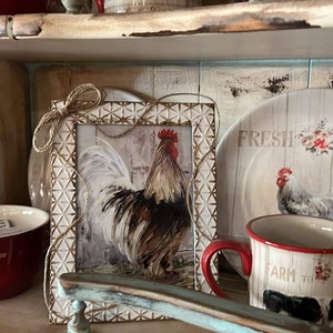 Rooster Sign | Rustic Farmhouse Decor | Distressed Frame | Rustic Farmhouse Kitchen Chicken Decor | Easle Back | Hooks