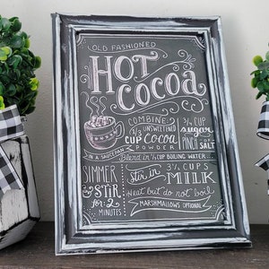 Hot Cocoa Recipe Sign | Hot Chocolate Bar Farmhouse Decor | Distressed Frame | Rustic Farmhouse Decor | Wall Hanger | Black & White