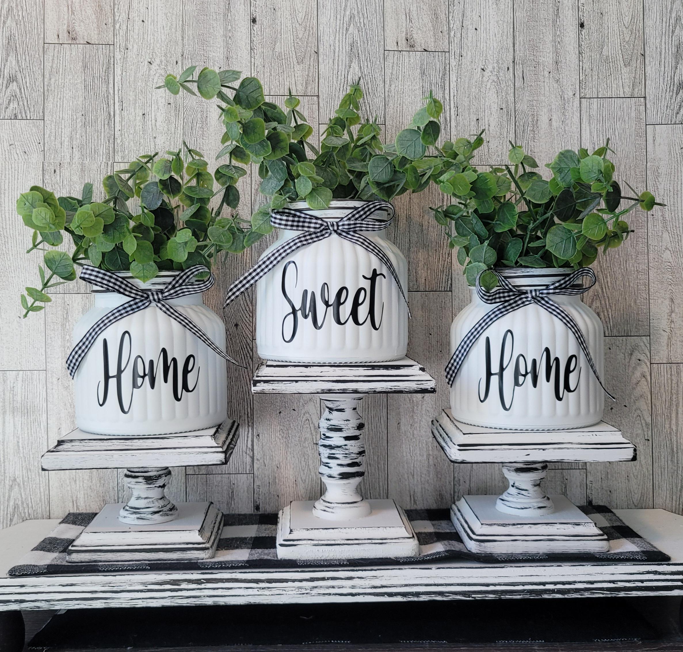 Three Home Sweet Home Vases | Faux Greenery Plant | Farmhouse Decor | Kitchen Decor | Tier Tray | Buffalo Check Ribbon Bow