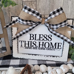 Bless this Home Sign | Farmhouse Decor | Distressed Frame | Rustic Farmhouse Decor | Easle Back | Hooks | Buffalo Check Black & White