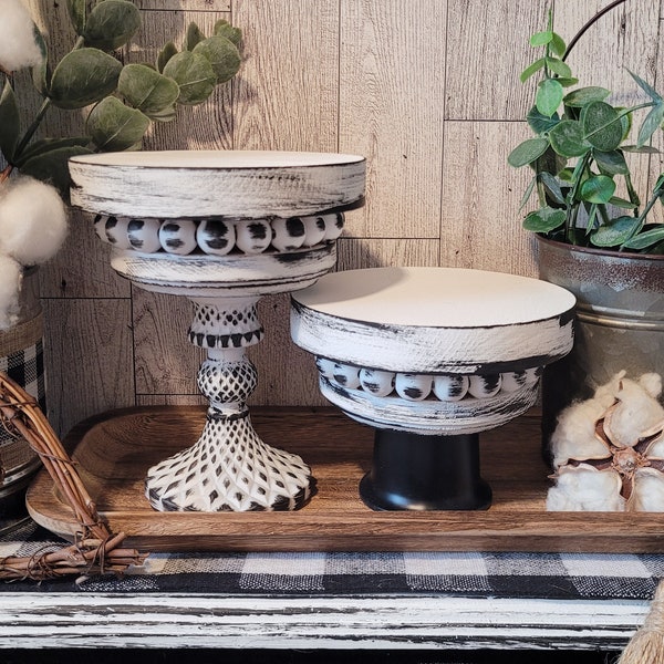 2 Piece Distressed Beaded Wooden Pedestal Riser Set | Rustic Country Farmhouse | Tier Tray Decor | French Cottage Style | Decorative Riser