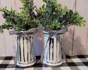 Two Farmhouse Vases with Greenery & Buffalo Check Bows