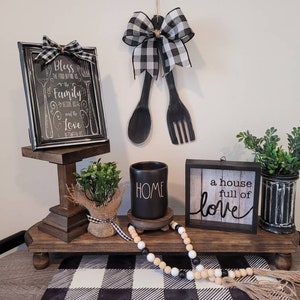 Black Distressed Fork & Spoon | Buffalo Check Decor | Farmhouse Wooden Wall Hanging | Farmhouse Decor | Door Hanger Sign | Country Kitchen