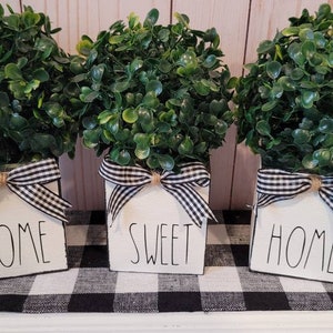 Set of 3 | Home Sweet Home Black & White Distressed Wooden Vases | Faux Greenery Topiary Plant | Farmhouse Decor | Kitchen Decor | Tier Tray
