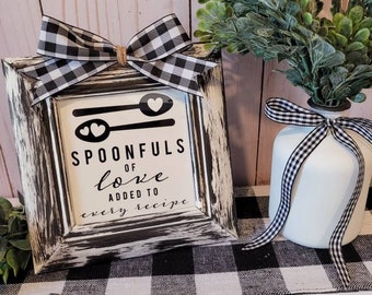 Spoonfuls of Love Farmhouse Sign | Black & White Distressed | Tier Tray | Rustic Farmhouse Kitchen Decor | Easle Back | Wall Hanger