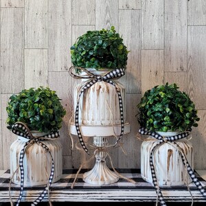 Four Piece Set | Rustic Distressed Riser And Vase | Greenery Topiary Plant | Farmhouse Decor | Kitchen Decor | Tier Tray