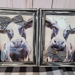 Cow Couple Kitchen Signs | Farmhouse Decor | Distressed Frame | Rustic Farmhouse Decor | Easle Back | Hooks | Black & White Buffalo Check