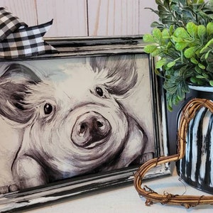 Pig Sign | Farmhouse Decor | Distressed Frame | Rustic Farmhouse Decor | Easle Back | Hooks | Black & White Buffalo Check