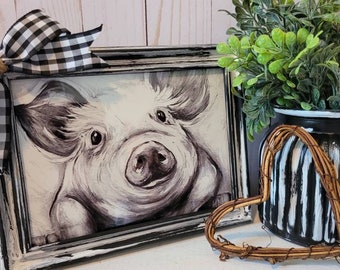 Pig Sign | Farmhouse Decor | Distressed Frame | Rustic Farmhouse Decor | Easle Back | Hooks | Black & White Buffalo Check