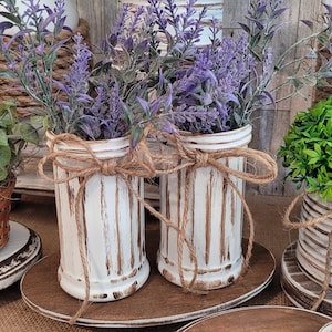 Two Rustic Vases | Faux Lavander Plant | Farmhouse Decor | Kitchen Decor | Tier Tray | Distressed Vases | French Cottage Country Kitchen