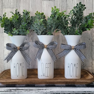 Three 6" Home Sweet Home White Glass Vases | Faux Greenery Plant | Farmhouse Decor | Kitchen Decor | Tier Tray | Buffalo Check Ribbon Bow