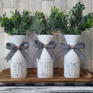 Three 6" Home Sweet Home White Glass Vases | Faux Greenery Plant | Farmhouse Decor | Kitchen Decor | Tier Tray | Buffalo Check Ribbon Bow