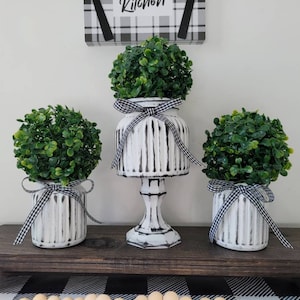 Set of 3 | Black & White Distressed Mason Jar Glass Vases | Faux Greenery Topiary Plant | Farmhouse Decor | Kitchen Decor | Tier Tray