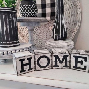 Wooden H-O-M-E Blocks | Distressed Black & White | Farmhouse Decor | Kitchen Decor | Tier Tray | Buffalo Check Country   Decor