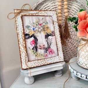 Rustic Floral Cow | Distressed Framed Art | Farmhouse Style Decor | Kitchen Decor | Tier Tray | Dairy Cow