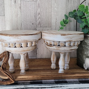 2 Piece Rustic Distressed Wooden Pedestal Riser Set | Farmhouse Candle Holders | Tier Tray Country Decor | French Cottage Decorative Riser