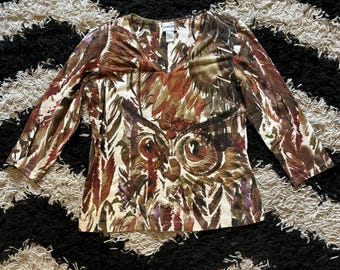 Vintage 90er Jahre Chico 3/4 Länge Ärmel Abstrakte Eule Perlen Grafik-Shirt Damen Größe 0 | Funky Boho Indie Cottage Top Bluse Niedlich Kleidung
