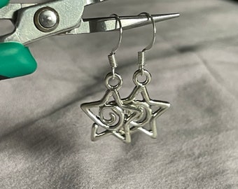 Whimsygoth Silver Swirly Star Earrings | Celestial Fairycore Cottagecore Indie Coquette Unique Cute Gothic Handmade Jewelry