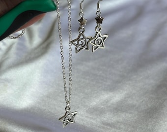 Whimsygoth Silver Star Studded Earrings & Necklace Set | Celestial Swirly Fairycore Unique Gothic Indie Coquette Handmade Jewelry Combo