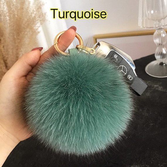 6 Large Fluffy Genuine Fur Pom Pom Handmade puffy Keychain Ball Car  Keyring / Bag Purse Charm ( Blue)