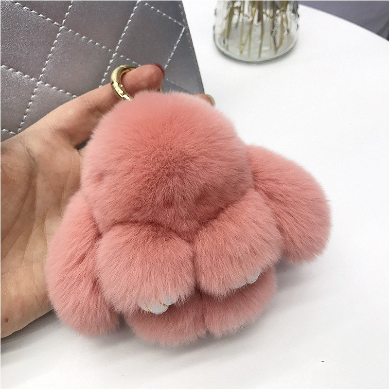 Fur Ball Keychain Crystal Letter Faux Rabbit Fluffy Black PomPom Key Holder  New