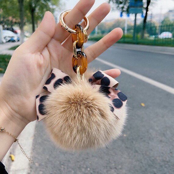 Real Fox Fur Pompom Keychain-furry Key Chain-bag Charm-fur Ball Gold Key  Ring-pompom Cheetah Bow-gold Ring-fluffy Fur Ball-real Animal Fur 