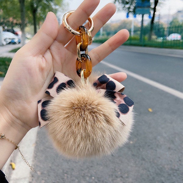 Real Fox fur pompom keychain-Furry key chain-bag charm-Fur ball Gold key ring-Pompom Cheetah Bow-Gold Ring-Fluffy Fur Ball-Real Animal Fur